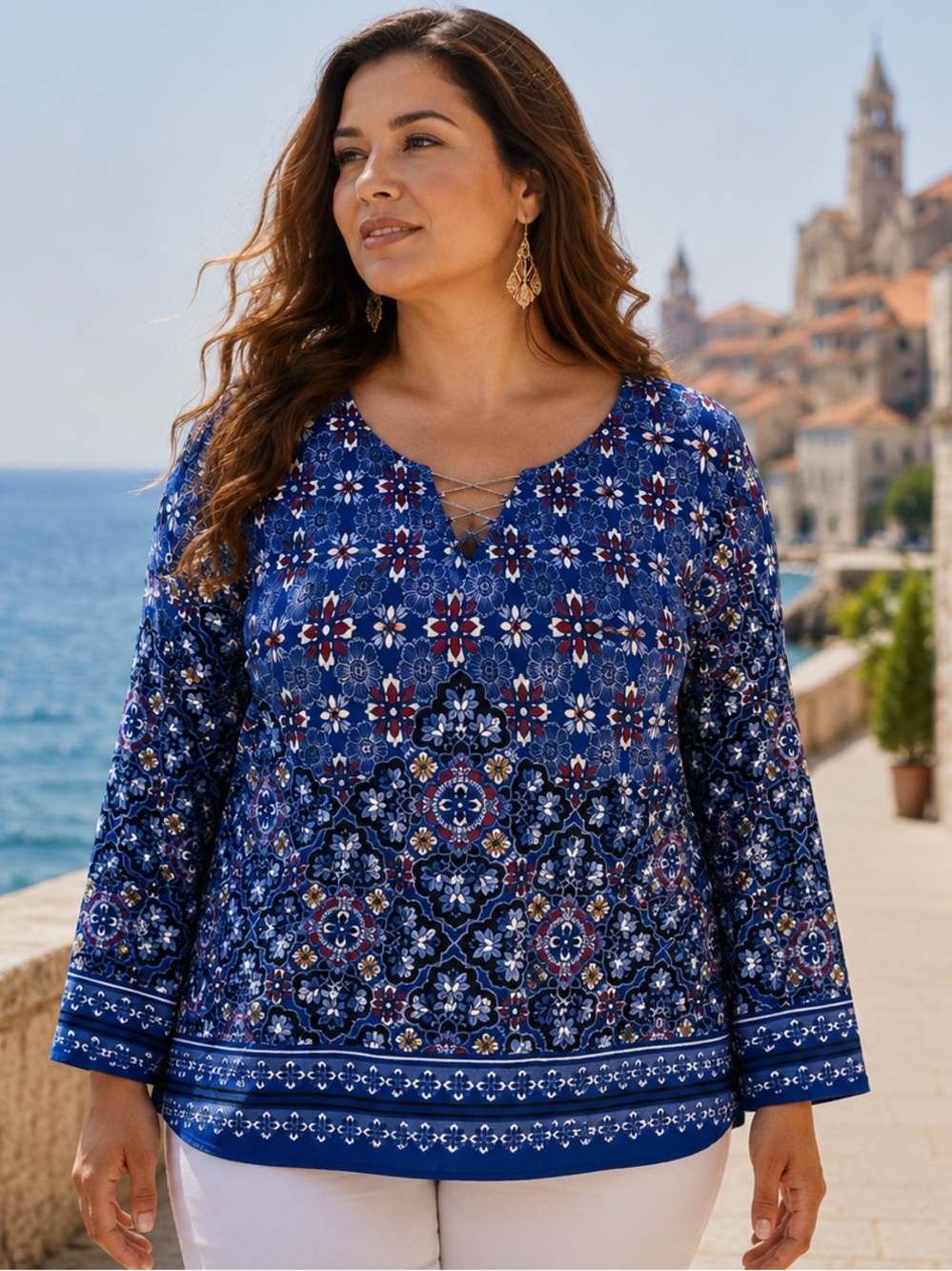 Ruby Rd. Blue and White Floral Tunic